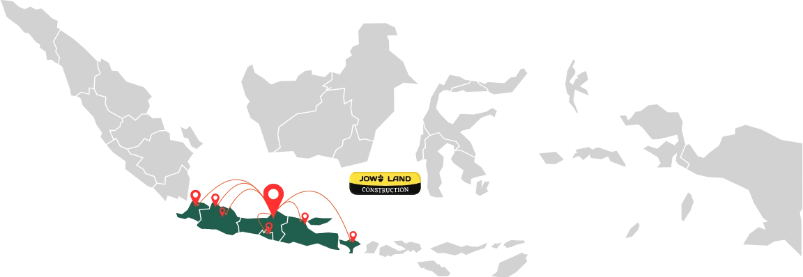 Area Layanan PT. Jowo Land Construction — Peta cakupan wilayah jasa bore pile di Pulau Jawa dan Bali